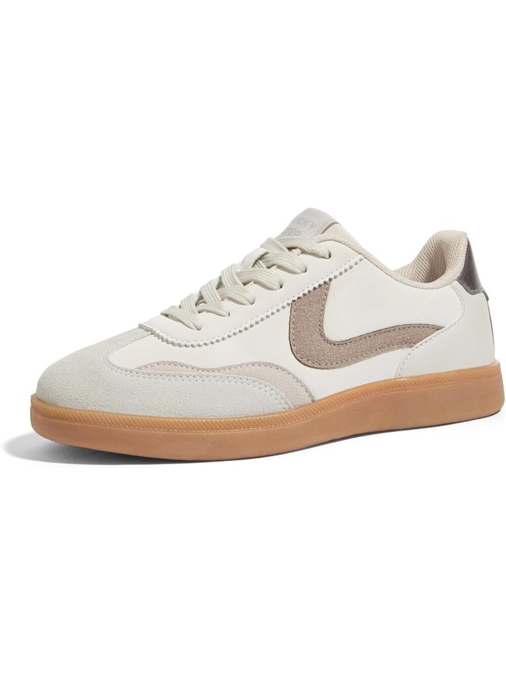 Women's Beige-Grey Faux Leather Non Slip Round Toe Flat Heel Classic Sneaker